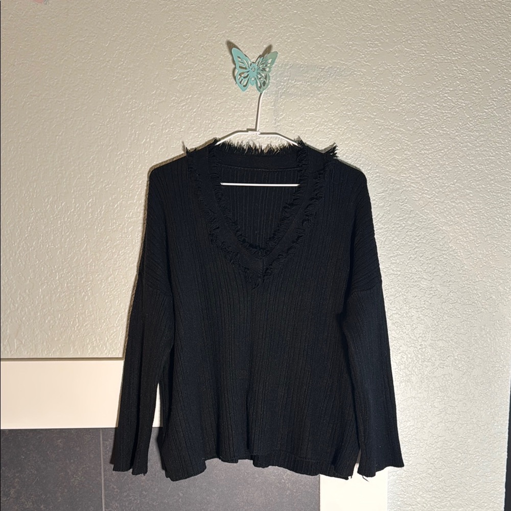 Black Frayed V-Neck Sweater